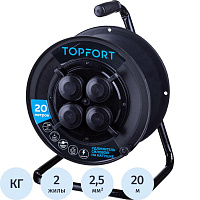 Удлинитель на катушке пластик TOPFORT КГ 2x2.5 кв.мм. 20 м 16 А 3500 Вт IP44 без заземления 4 розетки фото Удлинитель на катушке пластик TOPFORT КГ 2x2.5 кв.мм. 20 м 16 А 3500 Вт IP44 без заземления 4 розетки