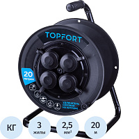Удлинитель на катушке пластик TOPFORT КГ 3x2.5 кв.мм. 20 м 16 А 3500 Вт IP44 с заземлением 4 розетки фото Удлинитель на катушке пластик TOPFORT КГ 3x2.5 кв.мм. 20 м 16 А 3500 Вт IP44 с заземлением 4 розетки