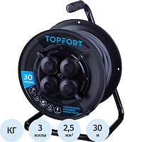 Удлинитель на катушке пластик TOPFORT КГ 3x2.5 кв.мм. 30 м 16 А 3500 Вт IP44 с заземлением 4 розетки фото Удлинитель на катушке пластик TOPFORT КГ 3x2.5 кв.мм. 30 м 16 А 3500 Вт IP44 с заземлением 4 розетки