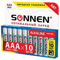 Батарейки КОМПЛЕКТ 10 шт, SONNEN Alkaline, AAA (LR03, 24А), алкалиновые, мизинчиковые, в коробке, 451089 фото Батарейки КОМПЛЕКТ 10 шт, SONNEN Alkaline, AAA (LR03, 24А), алкалиновые, мизинчиковые, в коробке, 451089