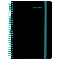 Тетрадь обложка пластик, А5 80 л., спираль пластик, резинка, клетка, BRAUBERG, черный/синий, 405385
