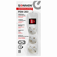 Удлинитель сетевой SONNEN PSW-303, 3 розетки c заземлением, выключатель 10 А, 3 м, белый, 513660 фото Удлинитель сетевой SONNEN PSW-303, 3 розетки c заземлением, выключатель 10 А, 3 м, белый, 513660