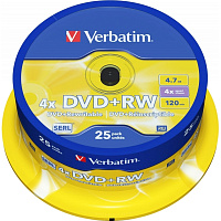 Диск DVD+RW Verbatim 4.7 ГБ 4x cake box 43489 (25 штук в упаковке) фото Диск DVD+RW Verbatim 4.7 ГБ 4x cake box 43489 (25 штук в упаковке)