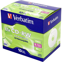 Диск CD-RW Verbatim 700 МБ 12x jewel 43148 (10 штук в упаковке) фото Диск CD-RW Verbatim 700 МБ 12x jewel 43148 (10 штук в упаковке)