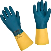 Перчатки КЩС латексные/неопреновые TOPFORT Профхим Нео с хлопковым напылением жёлтые/синие (размер 8, M)