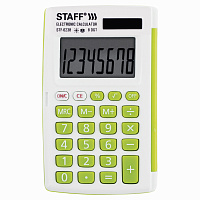 Калькулятор карманный STAFF STF-6238 (104х63 мм), 8 разрядов, двойное питание, БЕЛЫЙ С ЗЕЛЁНЫМИ КНОПКАМИ, блистер, 250283 фото Калькулятор карманный STAFF STF-6238 (104х63 мм), 8 разрядов, двойное питание, БЕЛЫЙ С ЗЕЛЁНЫМИ КНОПКАМИ, блистер, 250283