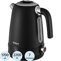 Чайник KITFORT КТ-6121-1, 1,7 л, 2200 Вт, закрытый нагревательный элемент, LED-дисплей, ТЕРМОРЕГУЛЯТОР, сталь, черный