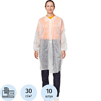 Халат одноразовый на липучках белый 30 г/кв.м (размер 50-52, XL, 10 штук в упаковке) фото Халат одноразовый на липучках белый 30 г/кв.м (размер 50-52, XL, 10 штук в упаковке)