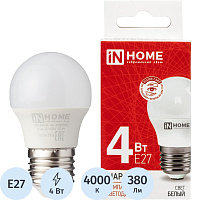 Лампа светодиодная In Home LED-ШАР-VC 4Вт Е27 4000К 380Лм матовая фото Лампа светодиодная In Home LED-ШАР-VC 4Вт Е27 4000К 380Лм матовая