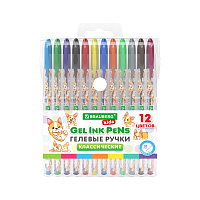 Ручки гелевые КЛАССИЧЕСКИЕ BRAUBERG KIDS "CUTE ANIMALS", НАБОР 12 ЦВЕТОВ, корпус с печатью, узел 1 мм, линия письма 0,7 мм, 144445