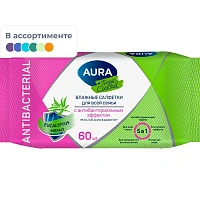 Салфетки влажные Aura Tropic Cocktail антибактериальные флоупак с мягким клапаном (60 листов в пачке)