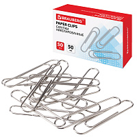 Скрепки большие 50 мм, BRAUBERG, никелированные, 50 шт., в картонной коробке, РОССИЯ, 221525