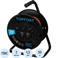 Удлинитель Topfort ПВС 2х1,5кв.мм, 30м на пласт.катушке, 4 роз. б/з, IP44