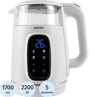 Чайник Centek CT-0052 White 1,7л 2200Вт,2стенки LED-дисплей, 40/80/90/100С фото Чайник Centek CT-0052 White 1,7л 2200Вт,2стенки LED-дисплей, 40/80/90/100С