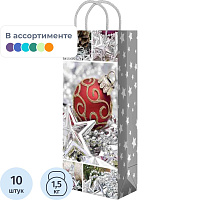 Пакет подарочный под бутылку ламинированный Новый год (36x15x12 см, 10 штук в упаковке)