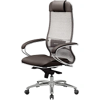 Кресло офисное МЕТТА "SAMURAI" SL-1, сверхпрочная ткань-сетка/экокожа, темно-коричневое