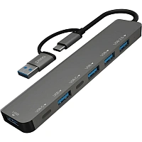 Разветвитель USB PERO MH06, USB-С/A TO 2xUSB-C+USB 3.0+4xUSB 2.0 серый