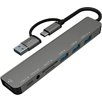 Разветвитель USB PERO MH07 USB-С/A TO SD+TF+3.5MM+USB-C+USB 3.0+3USB2.0,сер