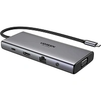 Разветвитель USB UGREEN CM639(45520)11в1 HDMI+VGA+RJ45+SD/TF+AUX+PD сер