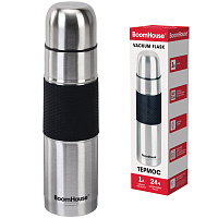 Термос 1 л, BOOMHOUSE (БумХаус) CLASSIC, нержавеющая сталь SUS304, черный силиконовый рукав, крышка/кружка, 700308