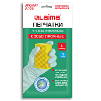 Перчатки МНОГОРАЗОВЫЕ латексные LAIMA, С АРОМАТОМ АЛОЭ, зеленые, хлопчатобумажное напыление, размер L (большой), вес 55 г, 700546