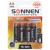 Батарейки аккумуляторные Ni-Mh пальчиковые КОМПЛЕКТ 4 шт., АА (HR6) 1600 mAh, SONNEN, 455605 фото Батарейки аккумуляторные Ni-Mh пальчиковые КОМПЛЕКТ 4 шт., АА (HR6) 1600 mAh, SONNEN, 455605