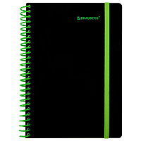 Тетрадь обложка пластик, А5 80 л., спираль пластик, резинка, клетка, BRAUBERG, черный/зеленый, 405387