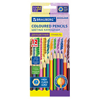 Карандаши с двухцветным грифелем BRAUBERG BICOLOUR, 12 штук, 24 цвета, шестигранные, грифель 3 мм, натуральное дерево, 181855