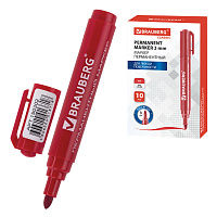 Маркер перманентный BRAUBERG "Classic", КРАСНЫЙ, круглый наконечник, 3 мм, с клипом,150302