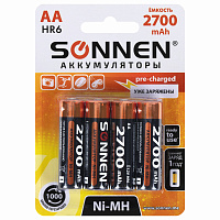 Батарейки аккумуляторные Ni-Mh пальчиковые КОМПЛЕКТ 4 шт., АА (HR6) 2700 mAh, SONNEN, 455607 фото Батарейки аккумуляторные Ni-Mh пальчиковые КОМПЛЕКТ 4 шт., АА (HR6) 2700 mAh, SONNEN, 455607