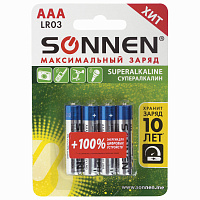 Батарейки КОМПЛЕКТ 4 шт., SONNEN Super Alkaline, AAA (LR03, 24А), алкалиновые, мизинчиковые, в блистере, 451096 фото Батарейки КОМПЛЕКТ 4 шт., SONNEN Super Alkaline, AAA (LR03, 24А), алкалиновые, мизинчиковые, в блистере, 451096