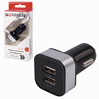 Зарядное устройство автомобильное SONNEN, 2 порта USB, выходной ток 2,1 А, черное-белое, 454796 фото Зарядное устройство автомобильное SONNEN, 2 порта USB, выходной ток 2,1 А, черное-белое, 454796