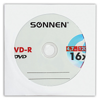 Диск DVD-R SONNEN, 4,7 Gb, 16x, бумажный конверт (1 штука), 512576 фото Диск DVD-R SONNEN, 4,7 Gb, 16x, бумажный конверт (1 штука), 512576