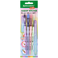 Кисти c силиконовой вставкой НАБОР 4 шт. (синтетика круглые №3, 10, плоские №10, 15), блистер, BRAUBERG KIDS, 201097