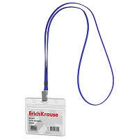 Бейдж горизонтальный ERICH KRAUSE (95х58 мм), корпус прозрачный из мягкого ПВХ, цвет ленты синий, 63708