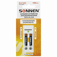 Зарядное устройство с аккумуляторами 2 шт. AAA (HR03), 1000 mAh, SONNEN BC2, в блистере, 455004 фото Зарядное устройство с аккумуляторами 2 шт. AAA (HR03), 1000 mAh, SONNEN BC2, в блистере, 455004
