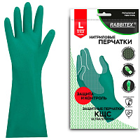 Перчатки нитриловые КЩС, ULTRA STRONG, химически устойчивые, с хлопковым напылением, зеленые, размер 9-9,5 L (большой), RABBITEX, 700912