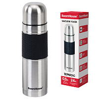 Термос 0,5 л, BOOMHOUSE (БумХаус) CLASSIC, нержавеющая сталь SUS304, черный силиконовый рукав, крышка/кружка, 700307