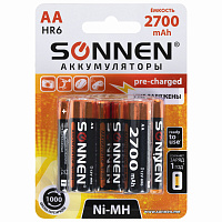 Батарейки аккумуляторные Ni-Mh пальчиковые КОМПЛЕКТ 6 шт., АА (HR6) 2700 mAh, SONNEN, 455608 фото Батарейки аккумуляторные Ni-Mh пальчиковые КОМПЛЕКТ 6 шт., АА (HR6) 2700 mAh, SONNEN, 455608