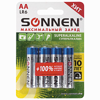 Батарейки КОМПЛЕКТ 4 шт., SONNEN Super Alkaline, АА (LR6,15А), алкалиновые, пальчиковые, блистер, 451094 фото Батарейки КОМПЛЕКТ 4 шт., SONNEN Super Alkaline, АА (LR6,15А), алкалиновые, пальчиковые, блистер, 451094
