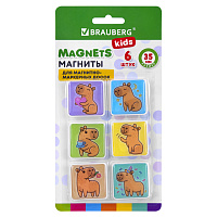 Магниты квадратные стеклянные 35 мм для досок магнитно-маркерных, НАБОР 6 шт., "Капибара", BRAUBERG KIDS, блистер, 272513