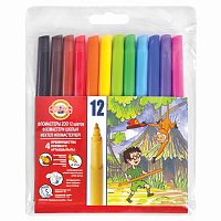 Фломастеры KOH-I-NOOR, 12 цветов, смываемые, трехгранные, пластиковая упаковка, европодвес, 771002AB04TERU