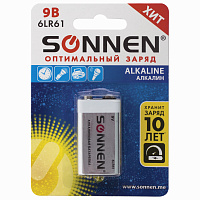 Батарейка SONNEN Alkaline, Крона (6LR61, 6LF22, 1604A), алкалиновая, 1 шт., блистер, 451092 фото Батарейка SONNEN Alkaline, Крона (6LR61, 6LF22, 1604A), алкалиновая, 1 шт., блистер, 451092