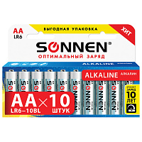 Батарейки КОМПЛЕКТ 10 шт., SONNEN Alkaline, АА (LR6, 15А), алкалиновые, пальчиковые, короб, 451086 фото Батарейки КОМПЛЕКТ 10 шт., SONNEN Alkaline, АА (LR6, 15А), алкалиновые, пальчиковые, короб, 451086