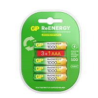 Батарейки аккумуляторные GP ReEnergy Ni-Mh КОМПЛЕКТ 4 шт. (ПРОМО 3+1), ААА (HR03), 950 mAh, 100AAAHC3/1RGY фото Батарейки аккумуляторные GP ReEnergy Ni-Mh КОМПЛЕКТ 4 шт. (ПРОМО 3+1), ААА (HR03), 950 mAh, 100AAAHC3/1RGY