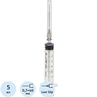 Шприц трехкомпонентный KD-Ject III 5 мл 22G (0.7х40 мм, 100 штук в упаковке)
