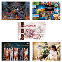 Альбом для рисования, А4, 32 листа, спираль, обложка картон, HATBER, 205х300 мм, "Ассорти" (5 видов), 051940, 32А4Всп