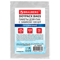 Пакеты дой-пак с замком ZIP LOCK, прозрачные, 100х150 + 30 мм, КОМПЛЕКТ 100 штук, 70 мкм, BRAUBERG, 700695