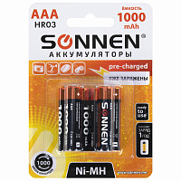 Батарейки аккумуляторные Ni-Mh мизинчиковые КОМПЛЕКТ 6 шт., AAA (HR03) 1000 mAh, SONNEN, 455611 фото Батарейки аккумуляторные Ni-Mh мизинчиковые КОМПЛЕКТ 6 шт., AAA (HR03) 1000 mAh, SONNEN, 455611