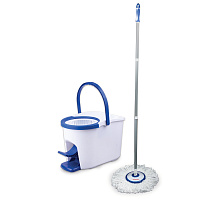 Швабра с отжимом и ведром 11л/7л, центрифуга, отжим педалью, круглая насадка липучка, бело-синий, LAIMA, 601459